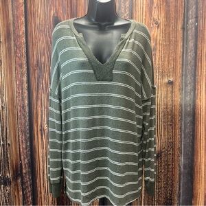 Spring Minimalist Olive Green & White Striped Light Weight Long Sleeve Tunic